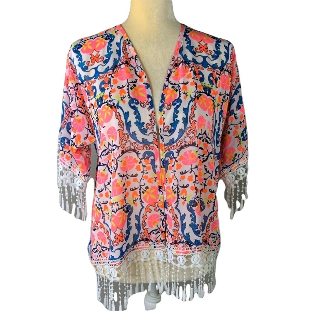 Gianni Bini Embroidery Fringe Open Front Jacket Teen Girls Large Vibrant Artsy